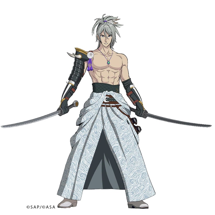 A character visual of Oda Nobunaga from the upcoming Rusted Armors anime project. Oda Nobunaga appears as a muscular young man with wild gray hair done up in a top knot. He wears gauntlets and wields two swords, but is otherwise shirtless and his kimono is tied carelessly around his waist.