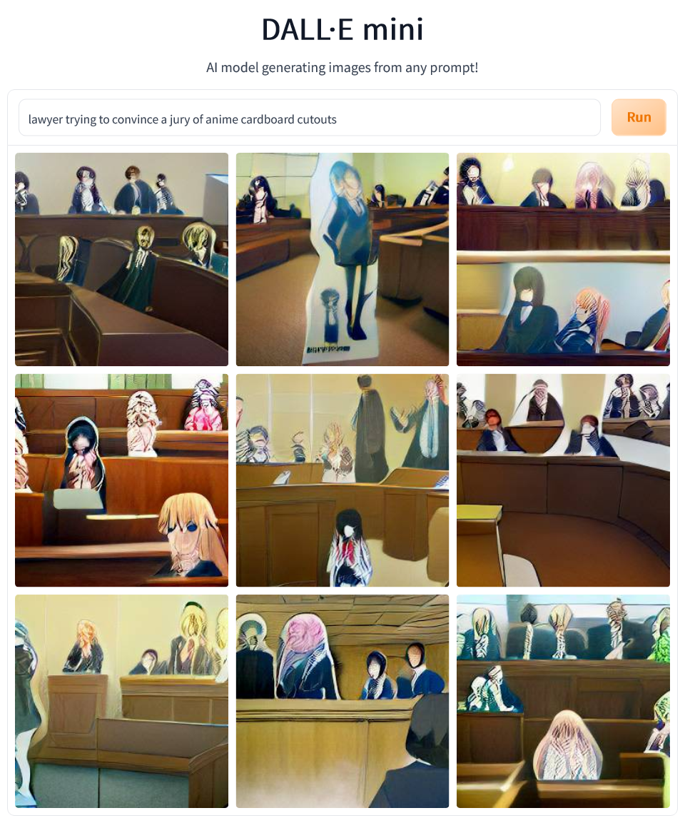 dall-e mini lawyer tring to convince a jury of anime cardboard cutouts