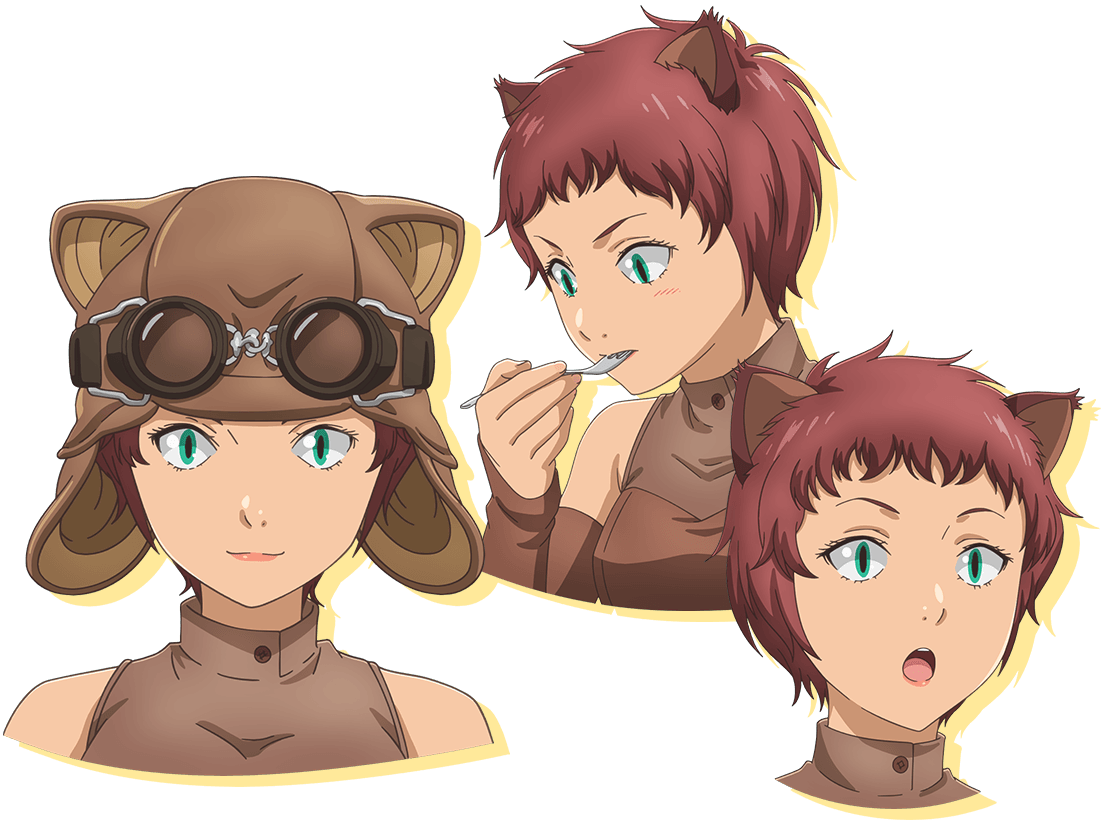 A character setting of Hilda, a cat-person explorer with a leather helmet and goggles, from the upcoming second season of the Restaurant to Another World TV anime.