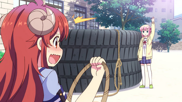 Shamiko is shocked when Momo attempts to make her drag a giant tire in a training sequence from The Demon Girl Next Door TV anime.