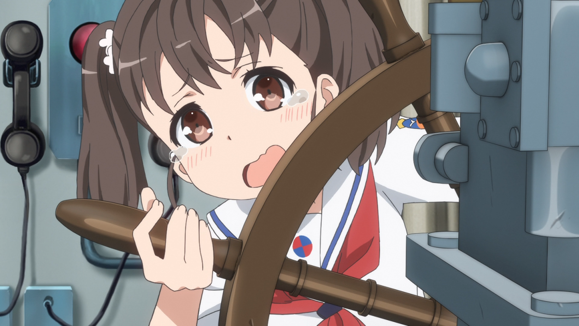 High school student Rin Shiretoko anxiously mans the helm of the destroyer class ship Harekaze in a scene from the 2016 High School Fleet TV anime.