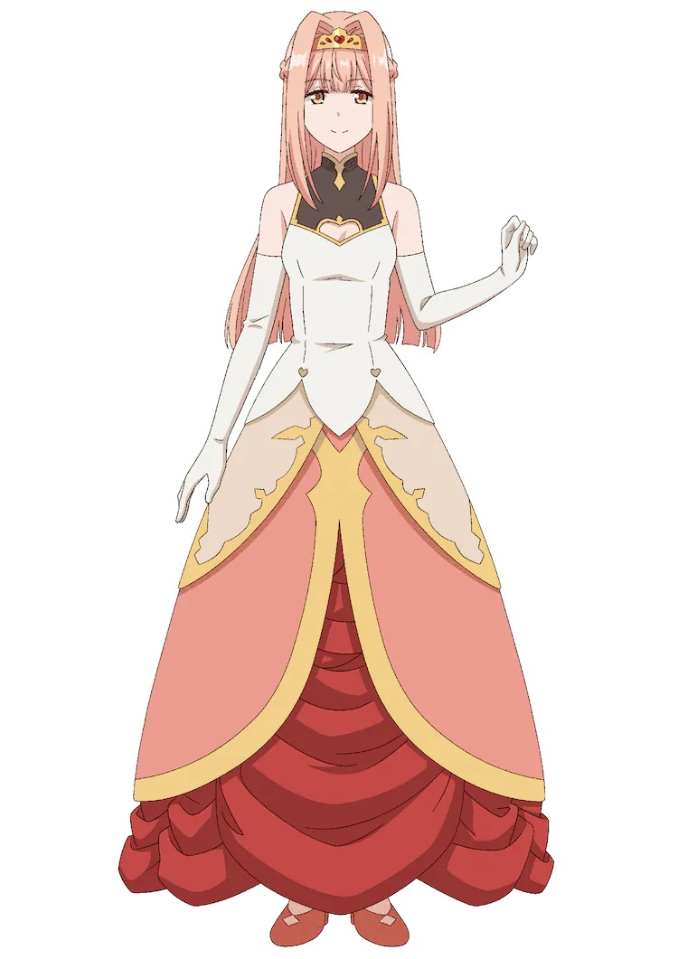 A character setting of Yugrane from the upcoming Fantasy Bishoujo Juniku Ojisan to TV anime. Yugrane has light pink hair and eyes, and she is dressed as the prototypical fantasy princess.