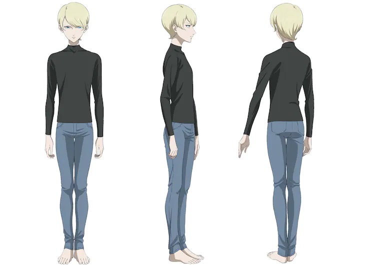 Eine Charaktereinstellung von Migi aus dem kommenden Migi & Dali TV-Anime.  Migi ist ein dünner, feminin schöner junger Mann mit kurzen blonden Haaren und blauen Augen.  Er trägt ein schwarzes Langarmshirt und Jeans.  Er ist barfuß.
