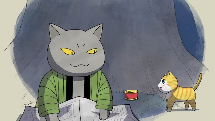 Heizo Endo and Juro the kitten meet in a scene from the upcoming Yomawari Neko TV anime.