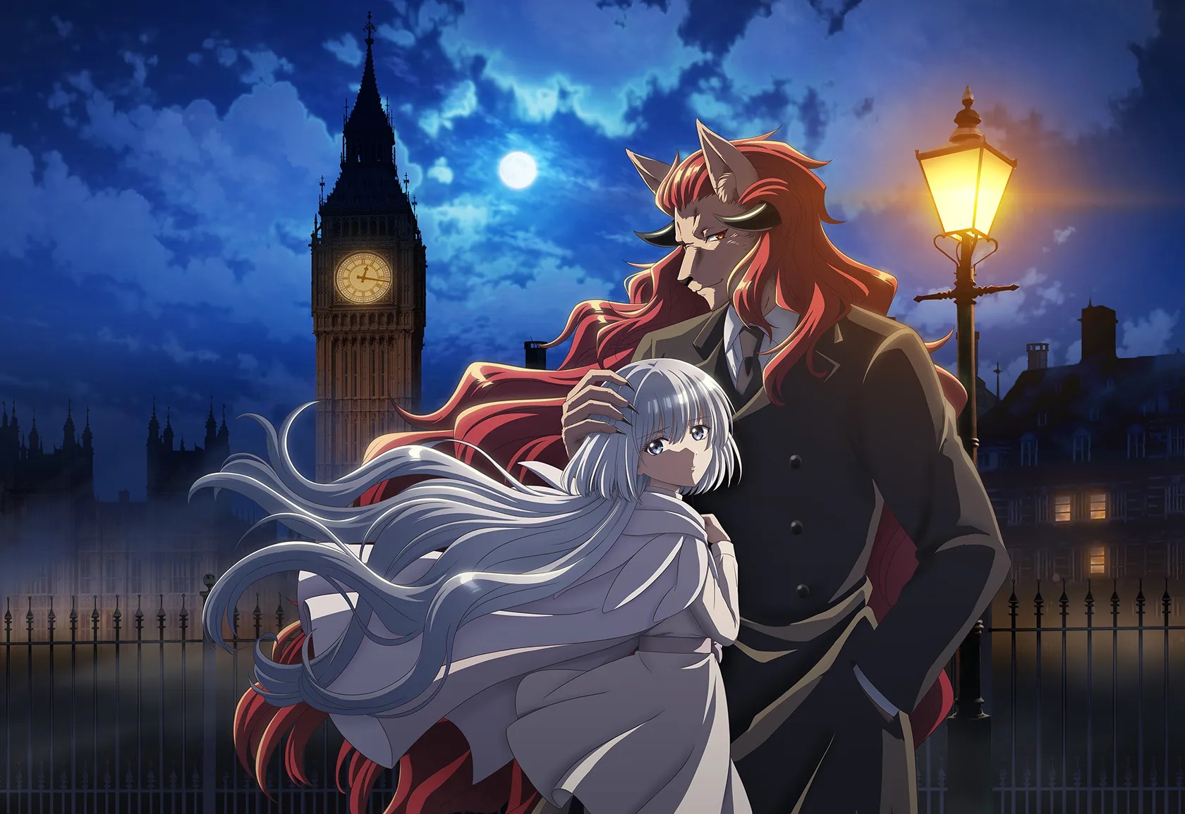 A teaser visual for the upcoming anime adaptation of The Tale of the Outcasts featuring the main characters, Wisteria and Marbas, sharing an intimate moment beneath the gaslamps of London on a dark night illuminated by the full moon. Big Ben is visible in the background.