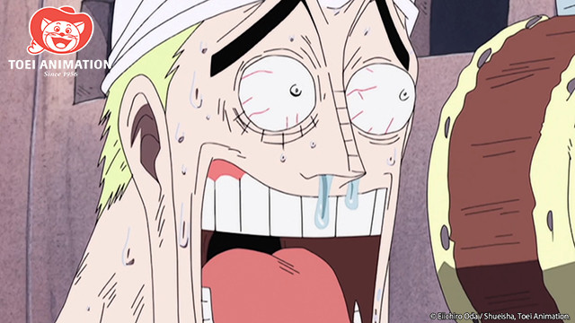 Eneru from the Sky Island arc of One Piece reacts with great shock upon discovering that Luffy is immune to his electricity powers.