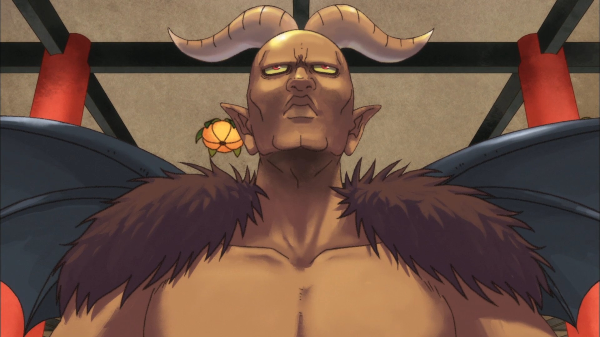 Satan, the ruler of European Hell, attempts to look regal and imposing while visiting Japanese hell in a scene from the Hozuki's Coolheadedness TV anime.