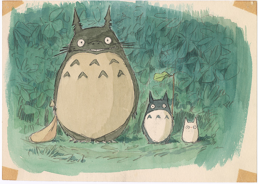 A character setting of Totoro and his two tiny forest sprite friends, as illustrated by Hayao Miyazaki, which will be on display at the Hayao Miyazaki art installation held at the Academy Museum of Motion Picture Arts in Los Angeles, California, beginning on September 30, 2021.