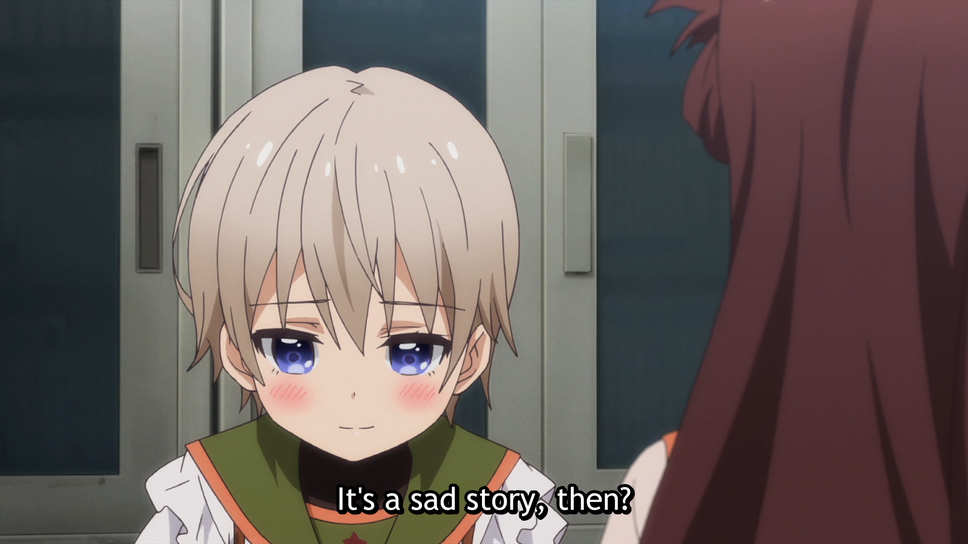Mii-kun and Ri-san reflect on the sad nature of the book that Mii-kun is reading in a scene from the 2015 SCHOOL-LIVE! TV anime.