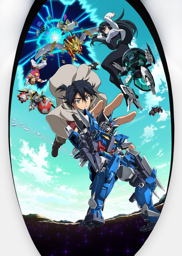 A key visual for GUNDAM BUILD DIVERS Re:RISE featuring the main characters and their dueling Gunpla mecha in the GBA virtual environment.