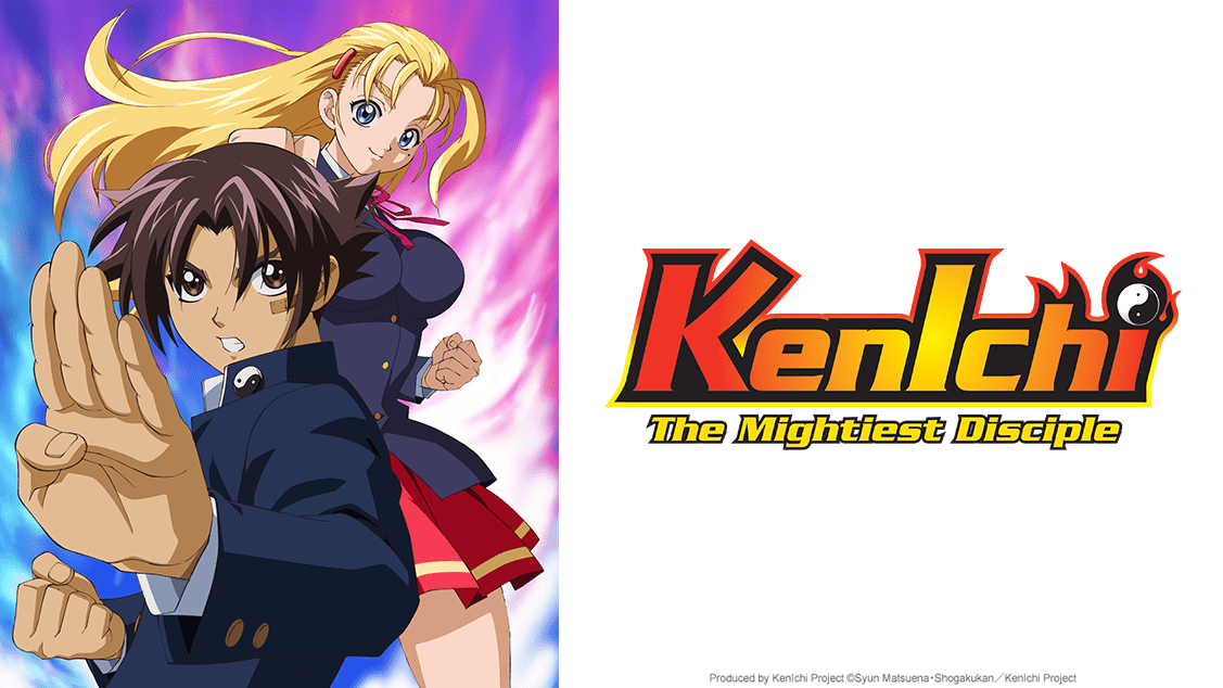 A promotional image for the Kenichi: The Mightiest Disciple TV anime, featuring the main character Kenichi Shirahama and Miu Furinji striking martial arts poses.