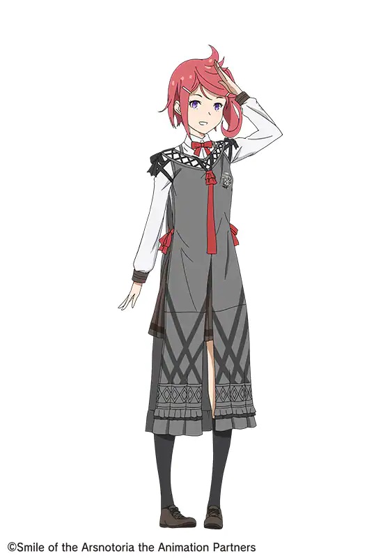 A character setting of Lidel, a young lady with purple eyes and red hair tied in a side ponytail style. Lidel wears a school uniform for her magical academy, which looks like a cross between gray wizard robes and a typical red, white, and black blazer / skirt / tie combination.