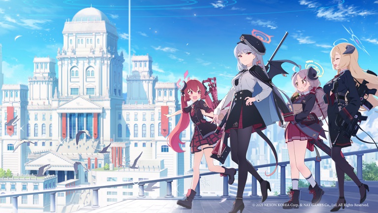 A promotional visual for the Blue Archive mobile RPG featuring four of the female student characters congregating along a walkway overlooking a massive academy built of white marble. The girls are laughing and interacting while dressed in their school uniforms and carrying various weapons.
