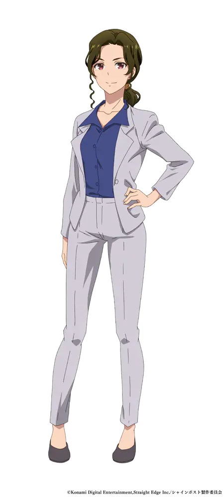 Un escenario de personaje de Eiko Kikuchi del próximo anime SHINE POST TV.  Eiko es una mujer esbelta con ojos rojos y cabello oscuro recogido en una cola de caballo con un rizo de saliva colgando en la parte delantera.  Viste un traje de negocios de mujer gris de aspecto profesional con una camisa de vestir azul oscuro debajo de la chaqueta.