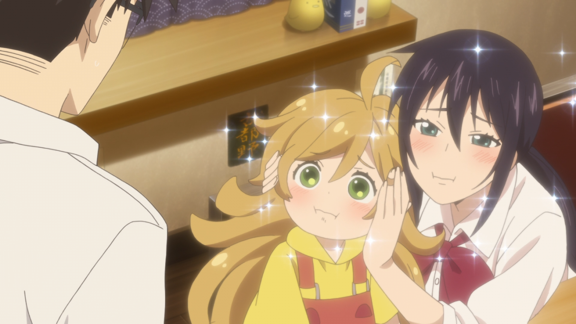 Tsumugi and Kotori attempt to butter up Kohei, Tsumugi's father, by making cute faces in a scene from the sweetness & lightning TV anime.