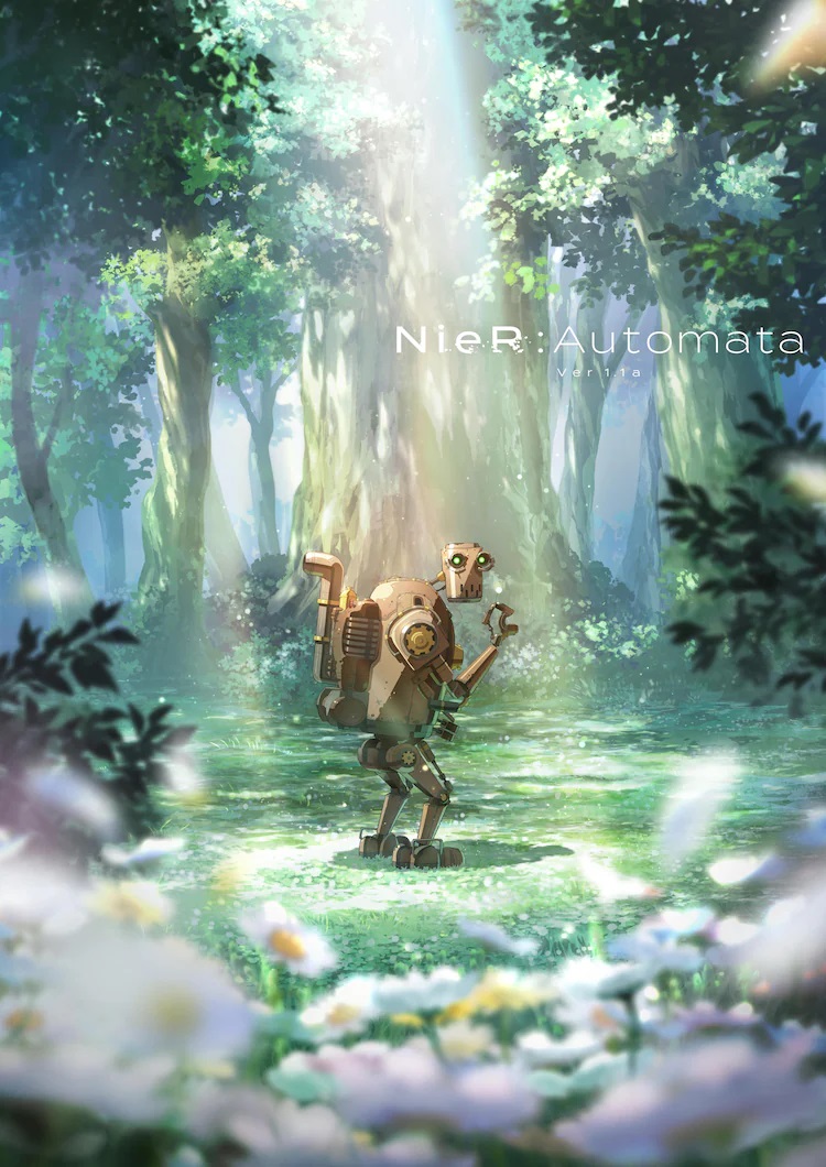 A new key visual for the upcoming NieR:Automata Ver1.1a TV anime featuring the peaceful Machine Lifeform, Pascal, standing in a sun-dappled forest glade with a field of flowers in the foreground.
