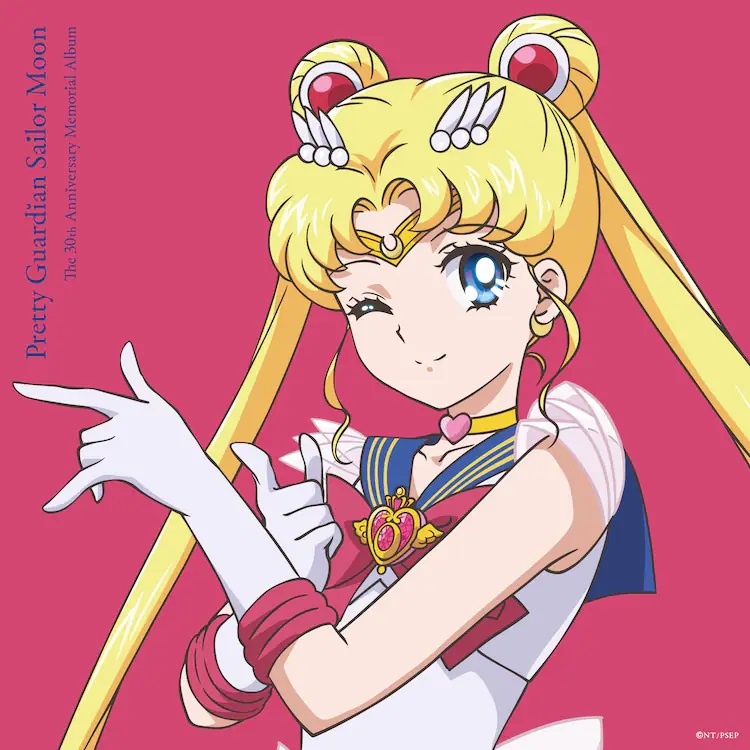 A promotional image for the upcoming Pretty Guardian Sailor Moon 30th Anniversary Commemorative Album featuring artwork of Sailor Moon in her senshi sailor outfit winking and performing her famous "I will punish you in the name of the Moon!" laid.