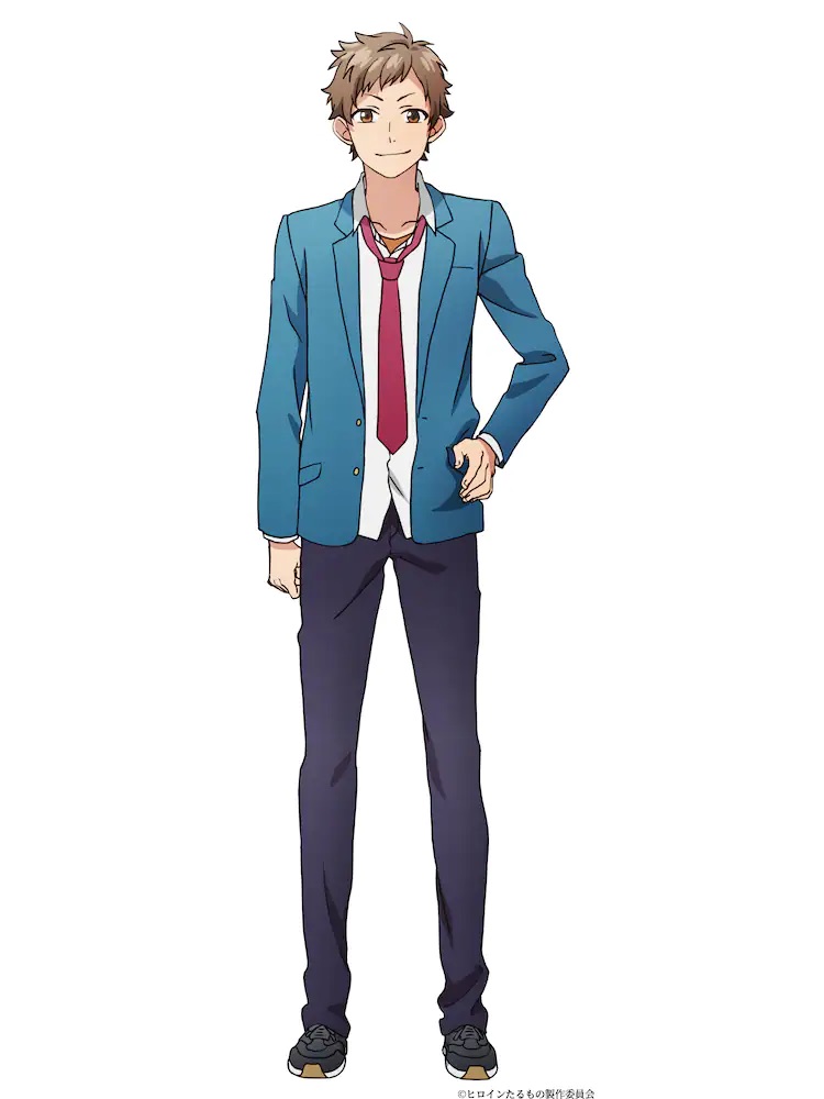 A character visual of Kotaro Enomoto from the upcoming Heroine Tarumono! ~Kiraware Heroine to Naishou no Oshigoto~ TV anime. Kotaro is a slim young man with touseled brown hair and brown eyes dressed in a boy's school uniform with a blazer. His tie is half tied.
