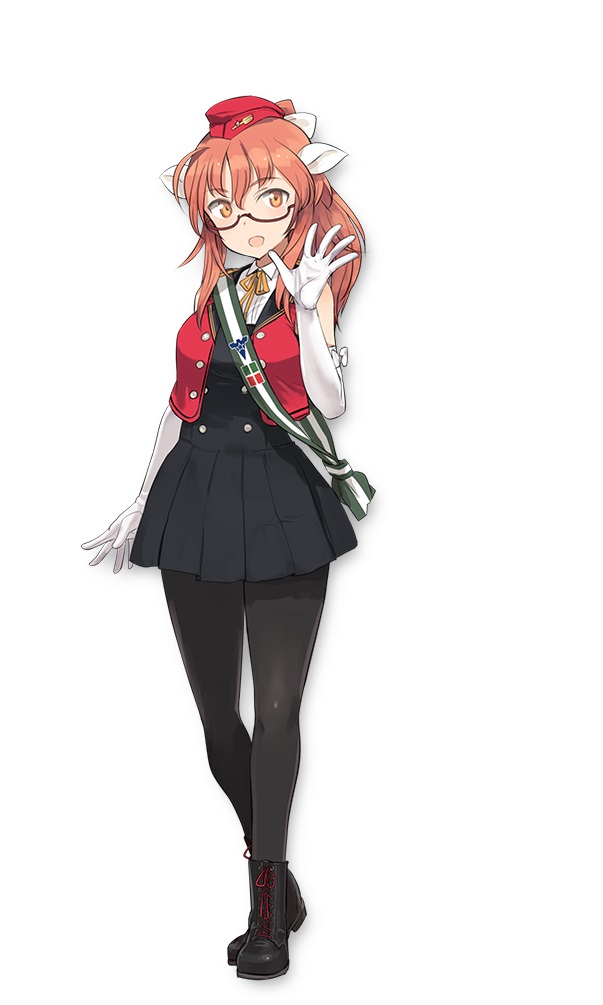 A character setting of Sylvie Carriello from the upcoming Luminous Witches TV anime. Sylvie is a woman with orange hair and eyes who sports sheep ears, glasses, and a military band uniform.
