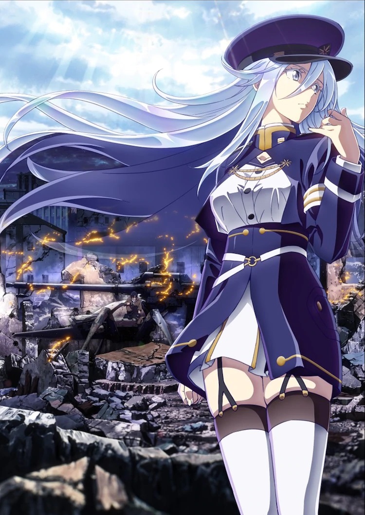 Una imagen clave para el próximo anime televisivo 86 - EIGHTY SIX, que presenta al personaje principal Lena en uniforme militar completo posado contra el telón de fondo de una ciudad bombardeada.
