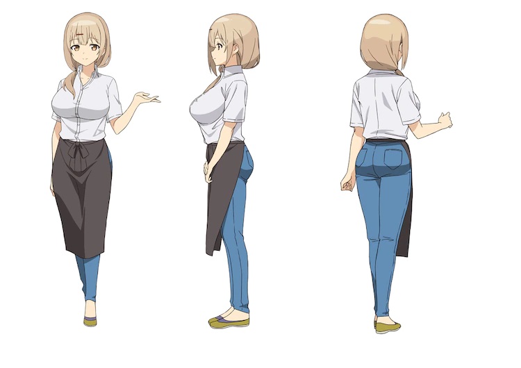 A character setting of Shop Manager from the upcoming The Great Jahy Will Not Be Defeated! TV anime. Shop Manager is a buxom woman with blonde hair in a side ponytail. She wears a dress shirt, jeans, and an apron.