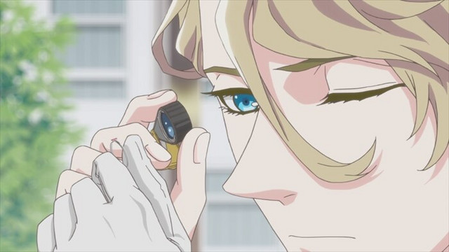 Richard Ranasinghe de Vulpian examines a precious gem in a scene from The Case Files of Jeweler Richard TV anime.