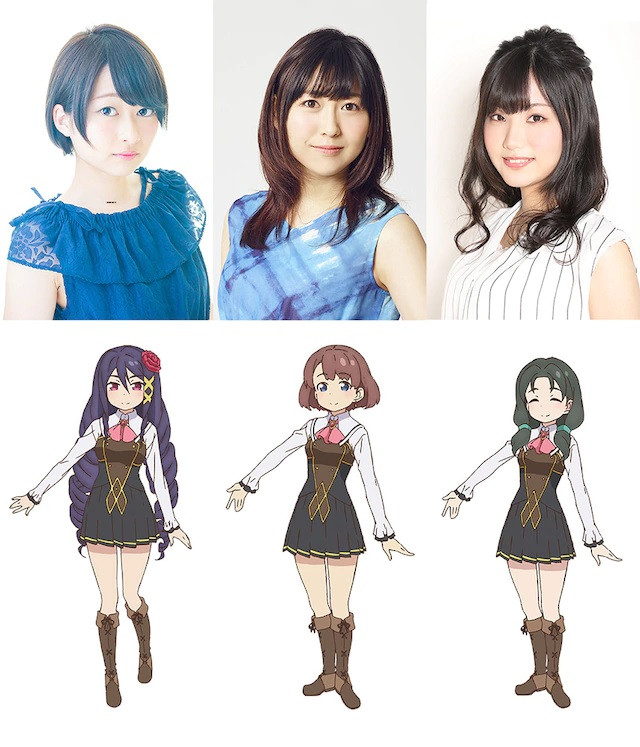 A character visual of the Wonder Three - Marcela, Monika, and Aureana - and their respective voice actresses - Maki Kawase, Kiyono Yasuno, and Hisako Tojo.