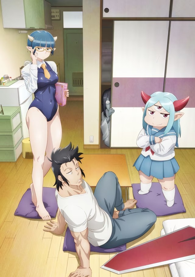 A new key visual for the upcoming Level 1 Demon Lord and One Room Hero TV anime featuring Zenia, Max, and the Demon Lord hanging out in the living room of Max's small apartment. A ghostly figure peers out from behind the sliding door to the closet space. Max reclines on a cushion on the wooden floor next to his sword while wearing a T-shirt and sweat pants, while Zenia and Demon Lord strike more dramatic poses while standing on similar cushions nearby.