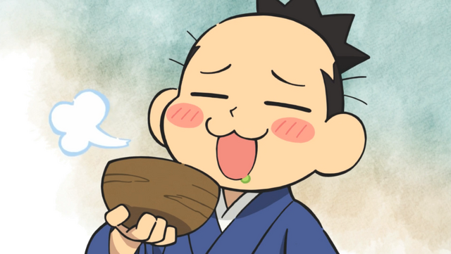 Kinoshita Hideyoshi enjoys a refreshing cup of green tea in the Ninja Girl & Samurai Master TV anime.
