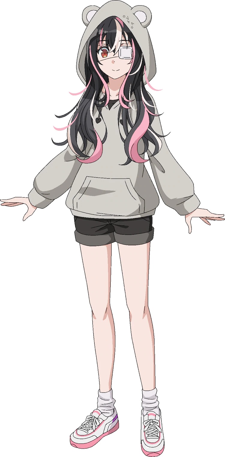 A character setting of Yui Saikawa, a young lady with an eyepatch, multicolored hair, and a bear hoody from the upcoming Tantei wa Mou, Shindeiru. TV anime.