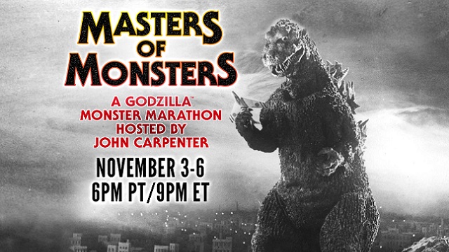 A banner image advertising the Masters of Monsters Godzilla Monster movie marathon hosted by director John Carpenter, featuring a black-and-white promotional photo of the original 1954 Godzilla film with Godzilla fighting off tanks and airplanes in the middle of a ruined cityscape.