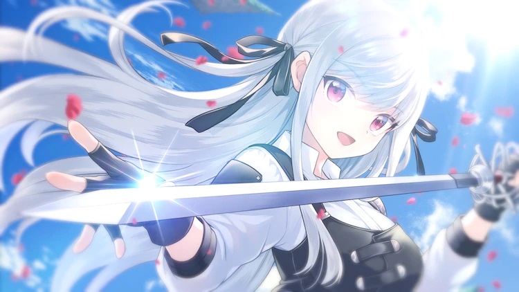 A promotional image for the Eiyuu-ou, Bu wo Kiwameru tame Tensei su, ～Soshite Sekai Saikyou no Minarai Kishi♀～ series of isekai fantasy light novels, featuring the main character, Inglis, brandishing a rapier and smiling.