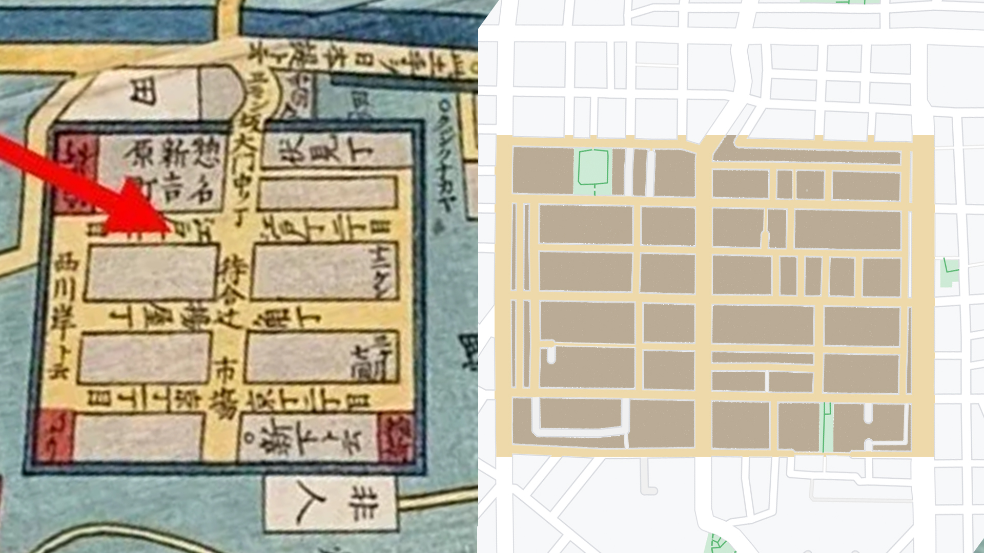 Yoshiwara map (left), Senzoku 4-chome map (right). Note the green areas of the left picture represent rice fields while the blue was the moat that surrounded the area.