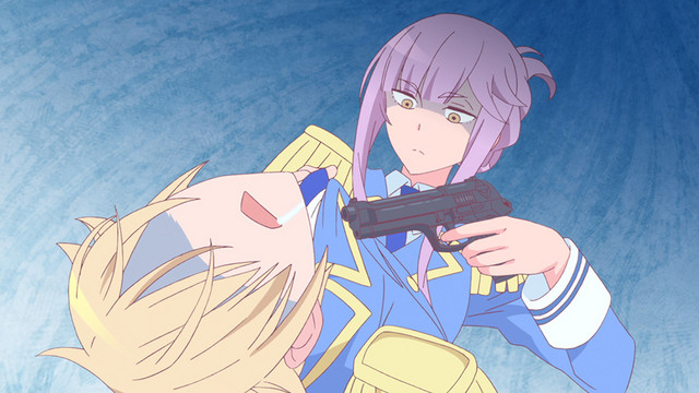 Sargatanas, an assistant demon, threatens her superior, the fallen angel Astaroth, with a pistol in a scene from the As Miss Beelzebub Likes it. TV anime.