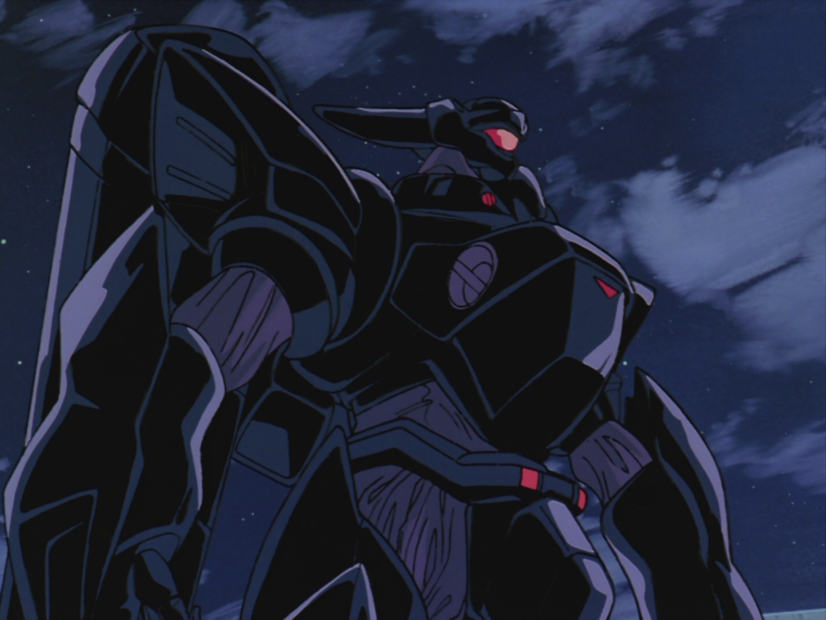 The Griffon, a renegade Labor painted a menacing shade of black, looms ominiously during a clandestine night mission in a scene from the Patlabor: The TV Series anime.