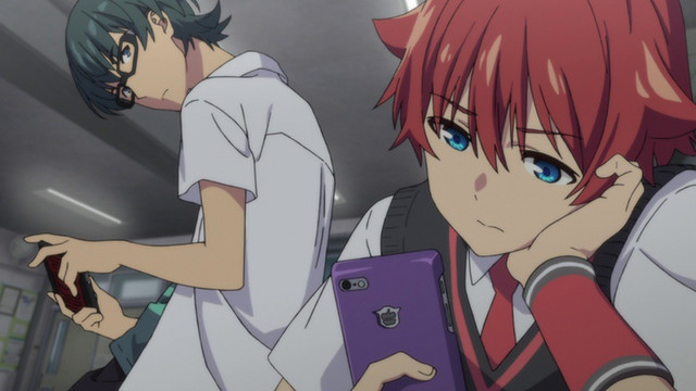 Sho Utsumi and Yuta Hibiki fiddle with their smart phones in a scene from the SSSS.GRIDMAN TV anime.