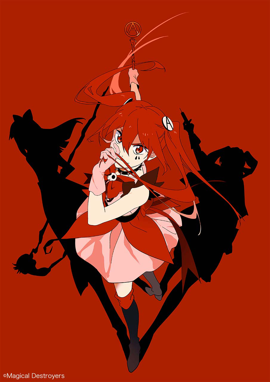 A new key visual for the upcoming Magical Girl Destroyers anime project, featuring the main character, Anarchy, posing against a blood-red backdrop while casting shadows in the shape of two other, unidentified magical girls.