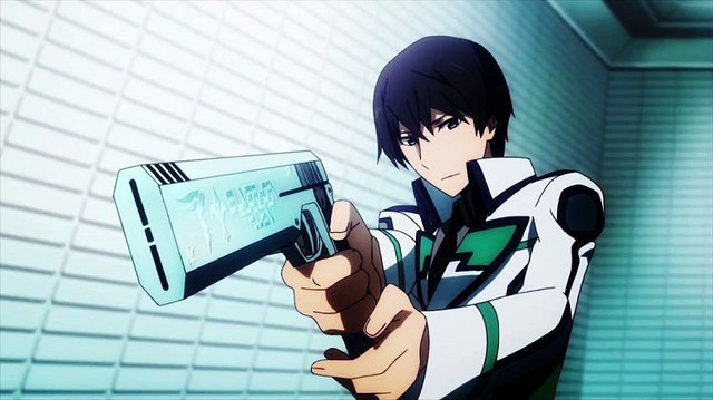 A screen capture from the first season of The Irregular at Magic High School TV anime, featuring main character Tatsuya Shiba wielding his custom CAD, the Silver Horn Trident.