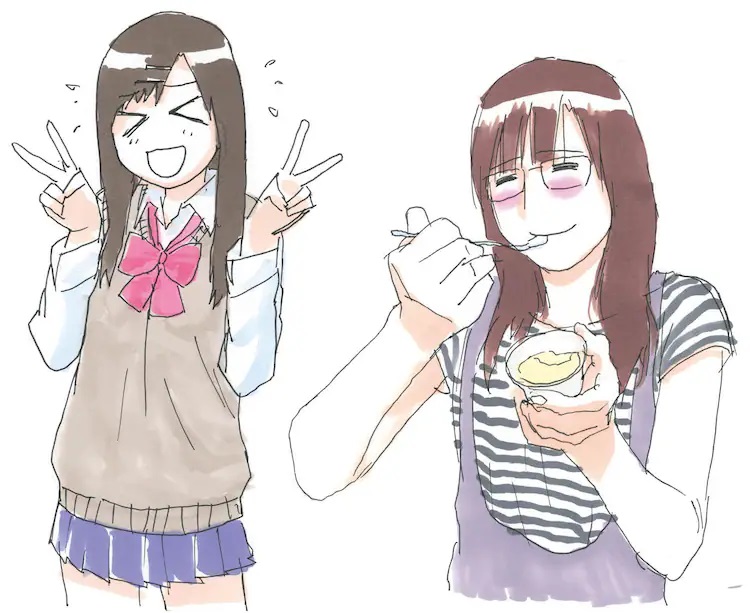 A pair of sketches from the upcoming The Sketch Book of Hiroaki Gohda art book. One sketch features a high school girl in her uniform smiling in a goofy manner while flashing a pair of peace signs, while the other features an adult woman in casual clothes and glasses enjoying a cup of pudding.