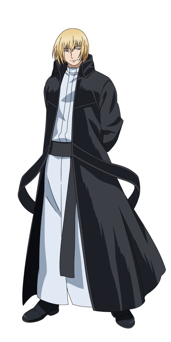 A character setting of Sumeragi from the upcoming Peach Boy Riverside TV anime. Sumeragi appears as tall, slender man in his twenties with blonde hair. He's dressed in a priest's vestaments. 