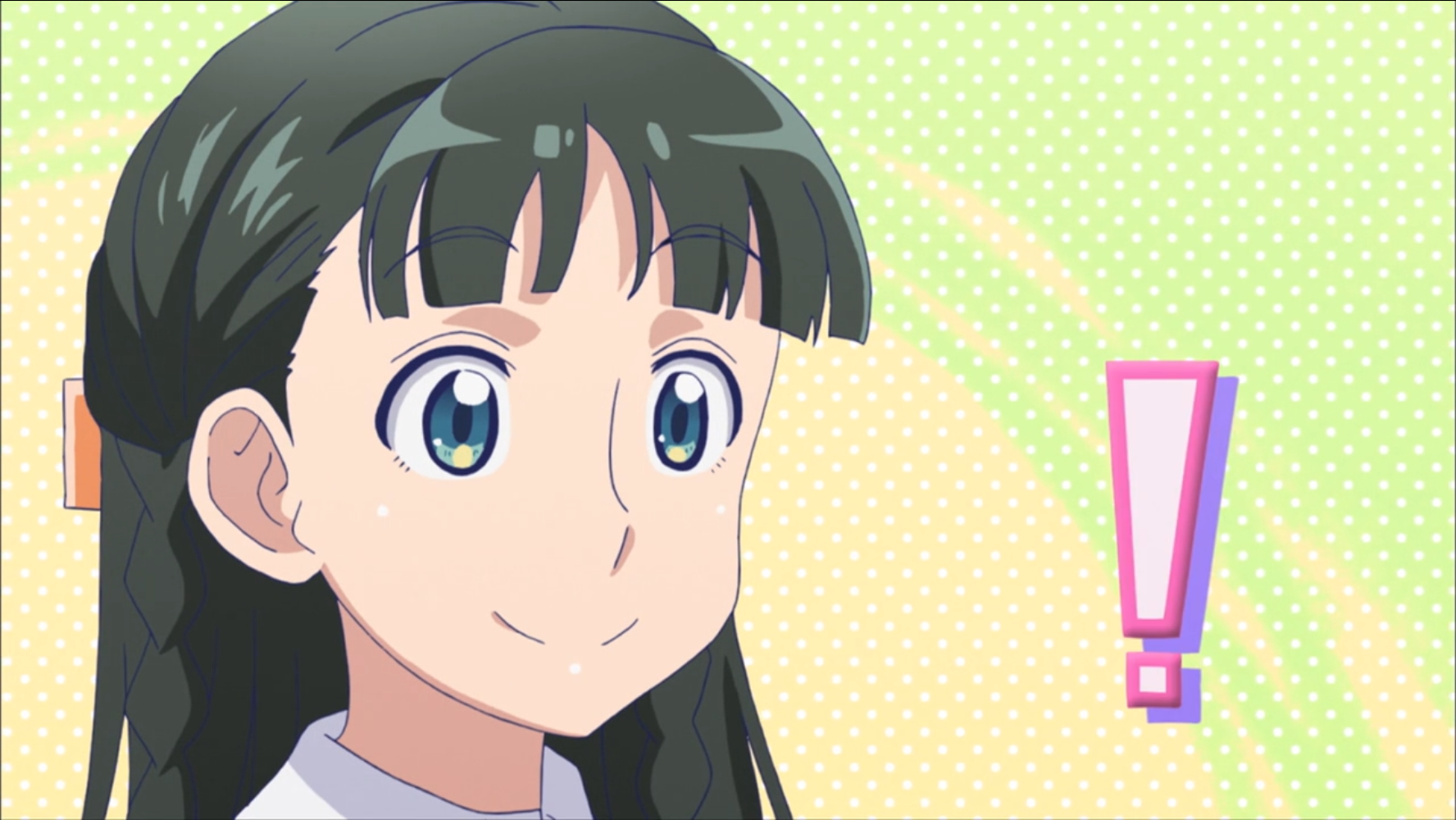 Con una sonrisa inocente, Ojou se prepara para entrar en una trampa explosiva verbal que ella misma hizo en una escena del 2016 ¡Por favor, dímelo!  Anime de televisión Galko-chan.
