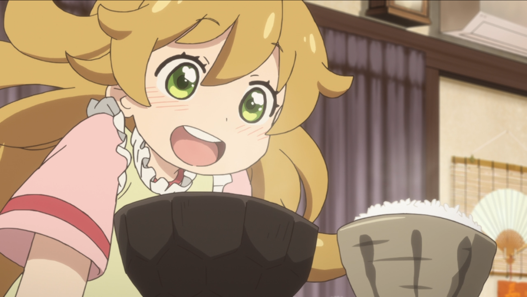 Tsumugi is pleased with a simple, home-cooked meal of soup and rice in a scene from the 2016 sweetness & lightning TV anime.