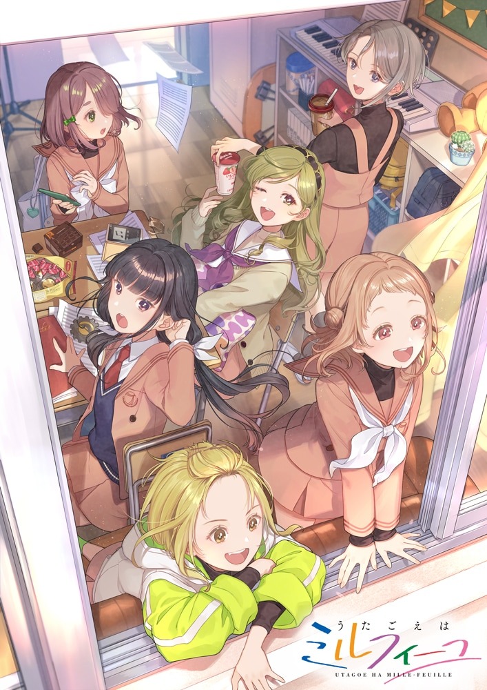 A key visual for the newly announced Utagoe Ha Mille-Feuille anime adaptation featuring the main cast of high school girls interacting in their classroom.