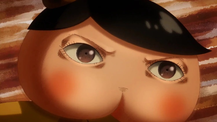 Butt Detective zeigt einen dramatischen Gesichtsausdruck während einer sich steigernden Konfrontation mit seiner Erzfeindin Shiriarty in einer Szene aus dem kommenden Anime-Kinofilm Eiga Oshiri Tantei Shiriarty.