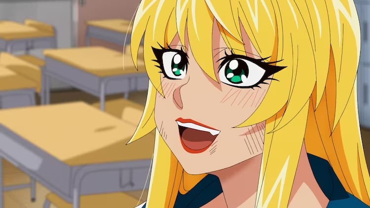 A slightly battered Ranna Himawari smiles sweetly in a scene from the upcoming Rokudo's Bad Girls TV anime.