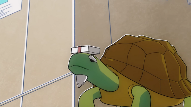 President Turtle dawdles along in a screen capture from the African Office Worker TV anime.