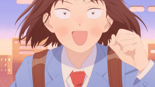 Mitsumi Iwakura jogs home with a smile on her face in a scene from the ending animation sequence of the Skip and Loafer TV anime.