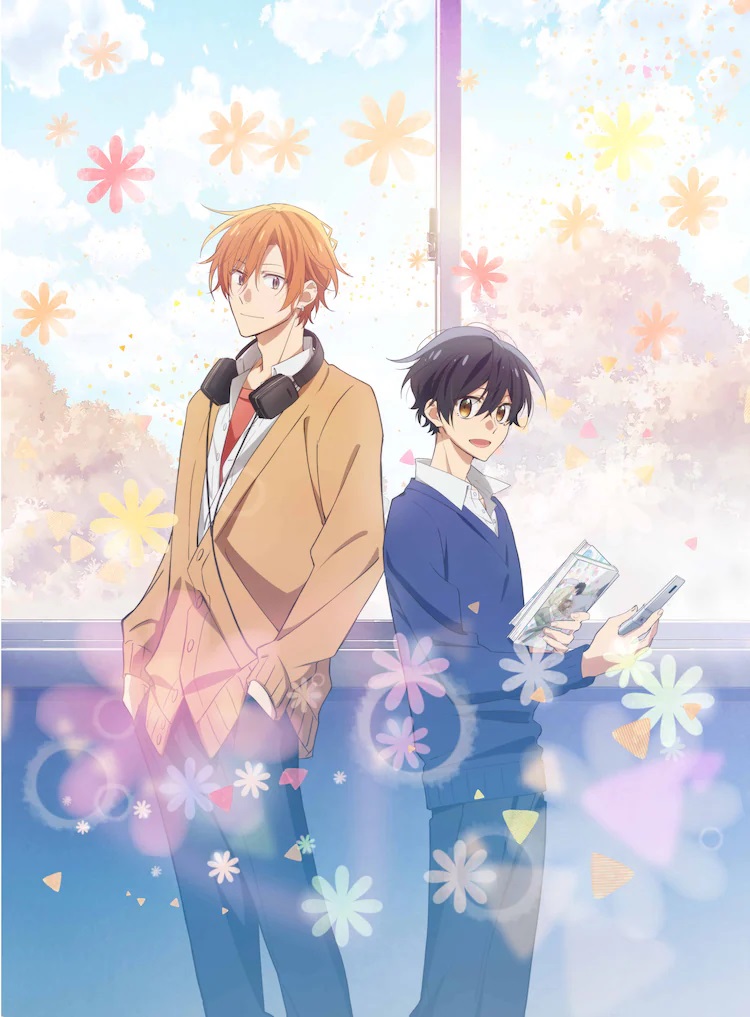 A new key visual for the upcoming Sasaki and Miyano TV anime, featuring the main characters - Sasaki and Miyano - standing back to back in the hallway of their school while surrounded by the imagery of blooming flowers. Sasaki has his hands in his pockets and a pair of headphones around his neck, while Miyano is carrying a flip phone and two volumes of boys' love manga.