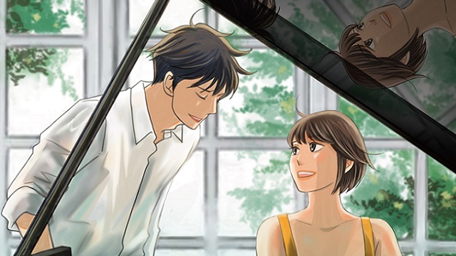A banner image made from the key visual for the upcoming Nodame Cantabile musical stage play featuring the main characters Shinichi Chiaki and Megumi "Nodame" Noda gathered around a piano.