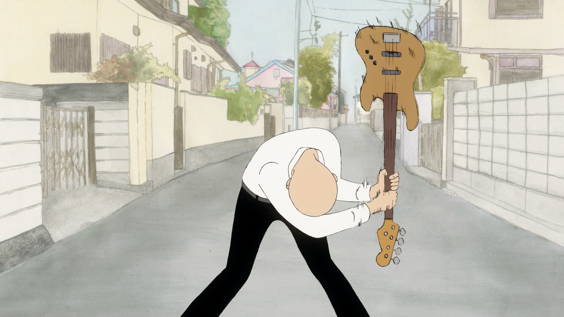 In an act of defiance reminiscent of the cover of the London Calling album by the Clash, Kenji smashes his bass guitar to pieces in a scene from the ON-GAKU: Our Sound theatrical anime film.